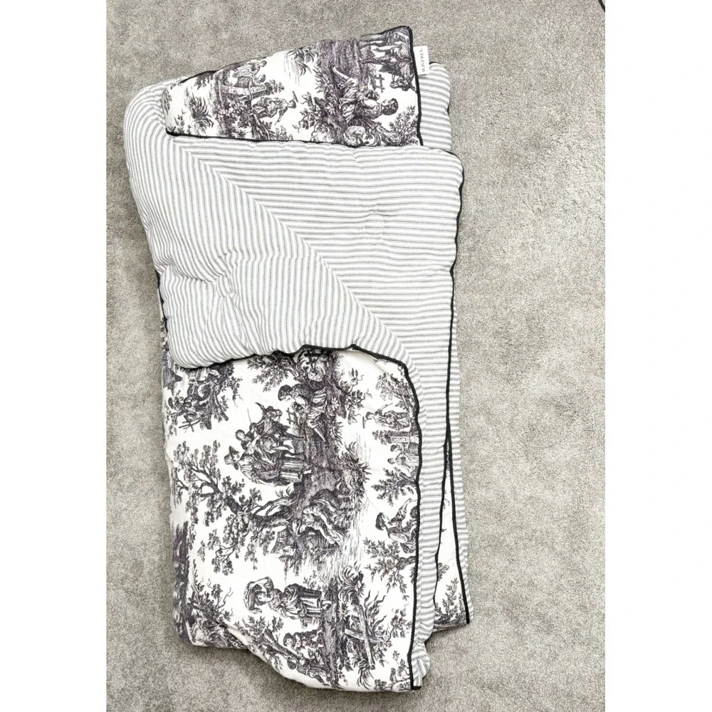 Waverly Reversible Toile de Jouy Ticking Stripe Quilt Brown Cream Full Size